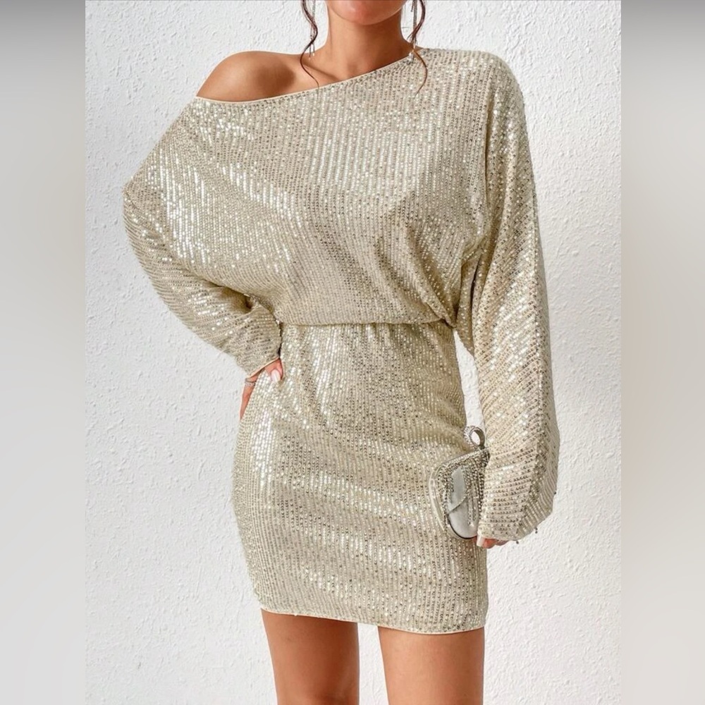 SHEIN BAE Asymmetrical Neck Batwing Sleeve Sequin Dress